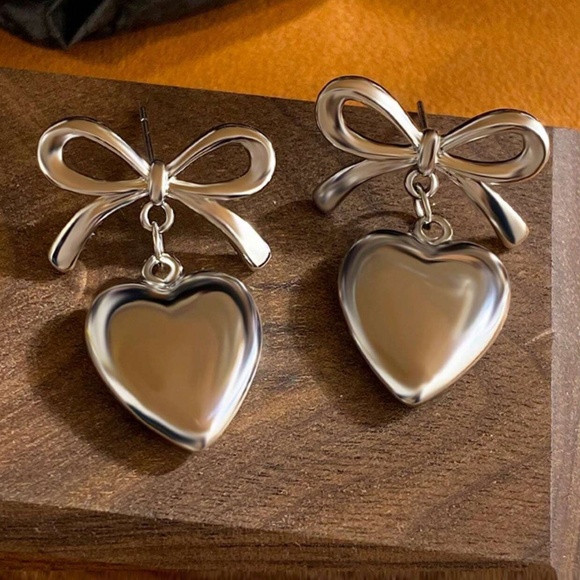 Luxe Silver Tone Heart Bow Drop Earrings - Picture 2 of 2